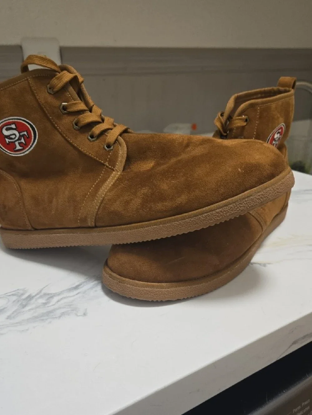 San Francisco 49ers Men's Tan Suede Lace-Up Boots with Team Patch Size 14
